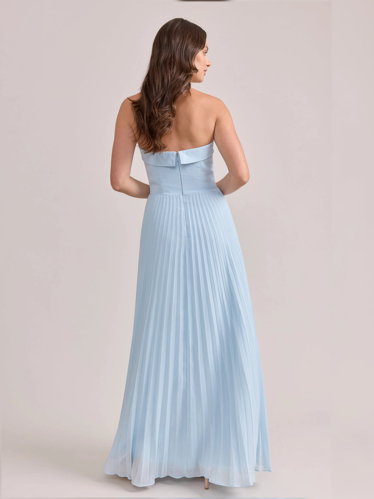 Light Blue maxi bridesmaid dress, alternate view showing the bodice and skirt
