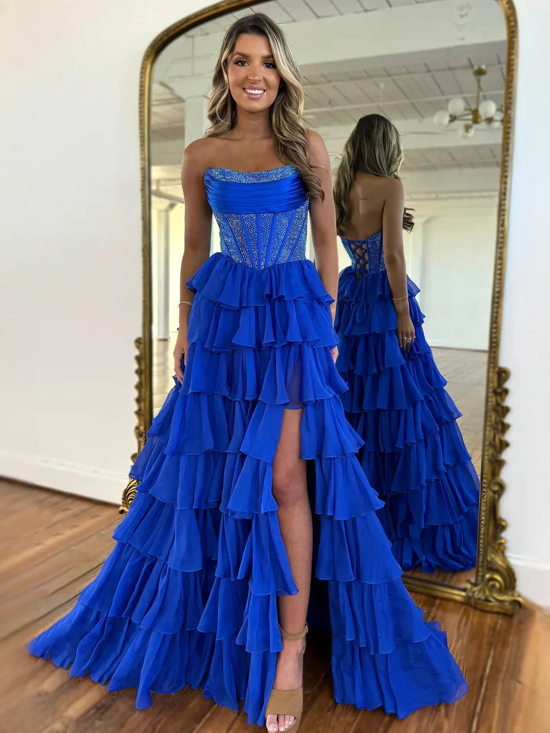 Royal Blue maxi prom dress, alternate view showing the bodice and skirt