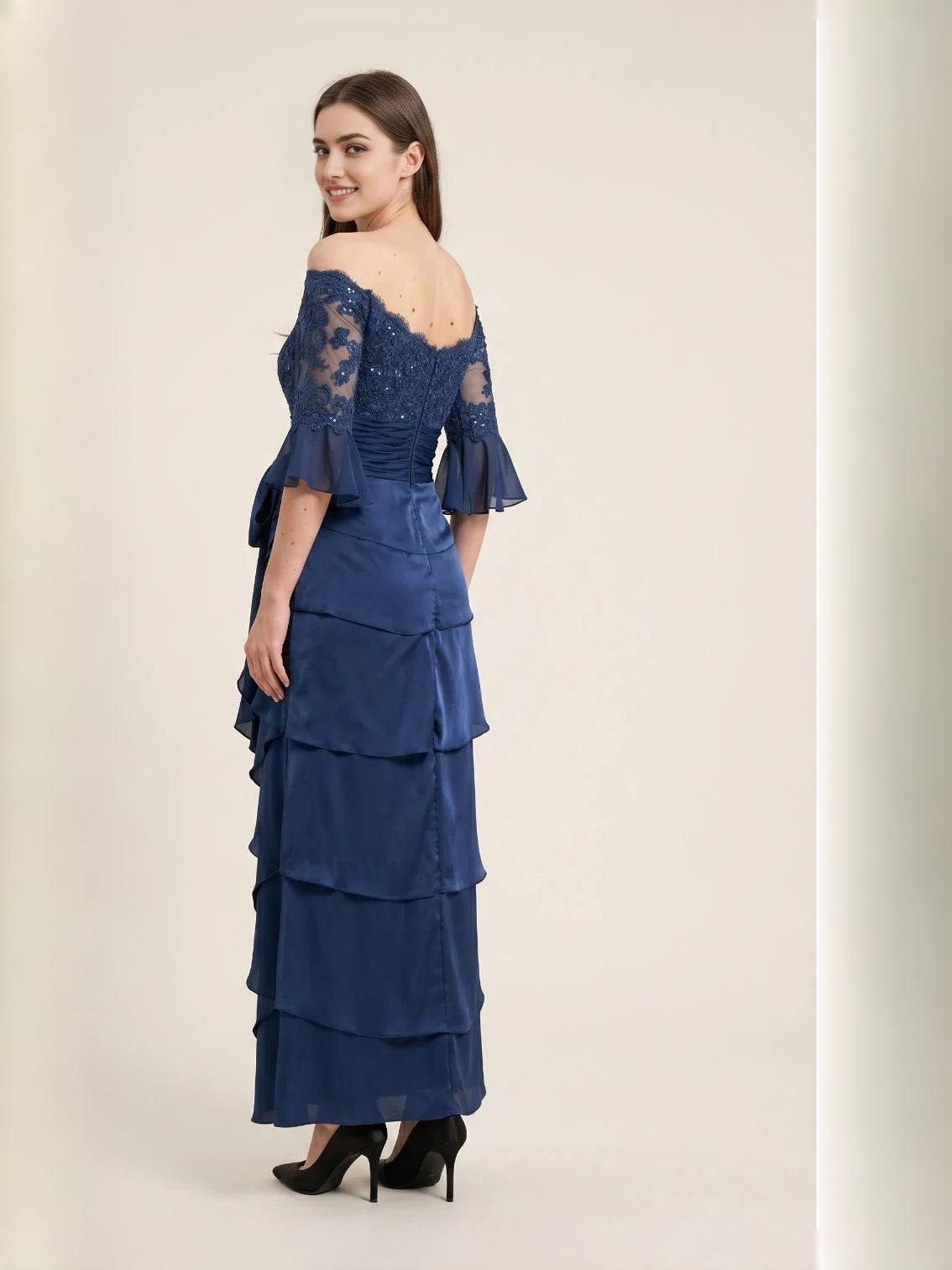 Dark Blue floor-length mother of the bride dress, alternate view showing the bodice and skirt