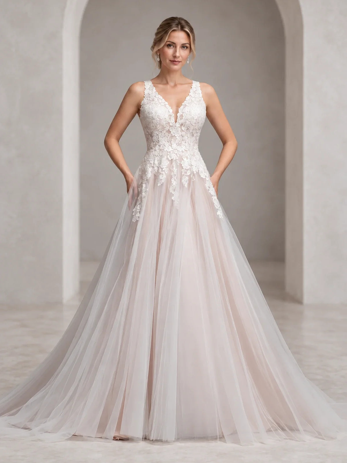 Ivory floor-length wedding dress, alternate view showing the bodice and skirt