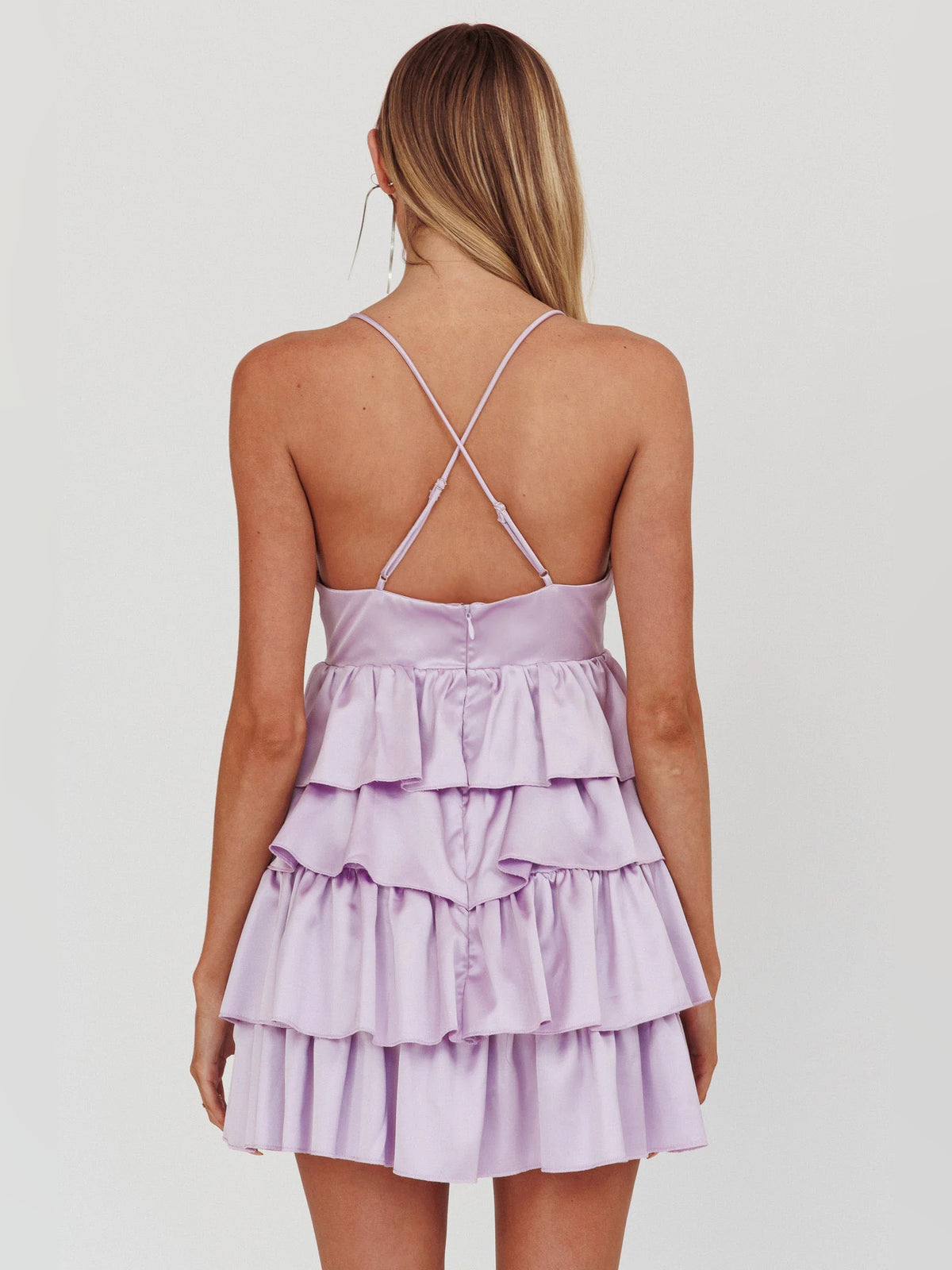 Lilac mini homecoming dress, alternate view showing the bodice and skirt