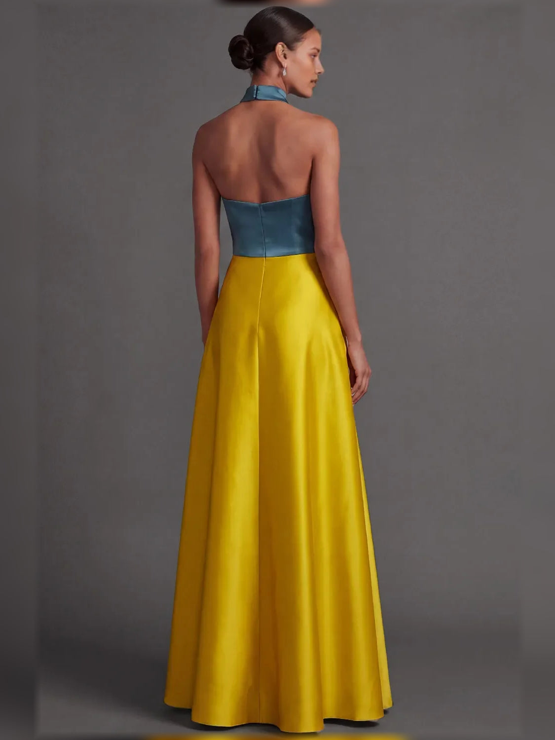 Yellow a-line floor-length formal dress with color-block panels, alternate view