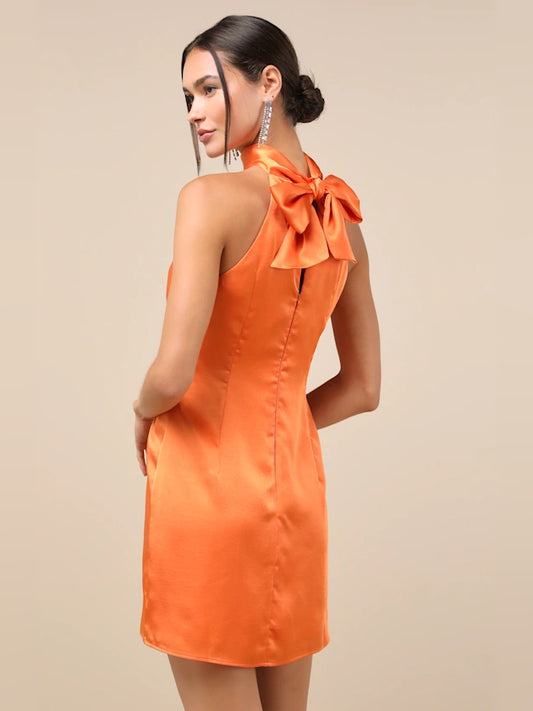 Orange mini homecoming dress, alternate view showing the bodice and skirt