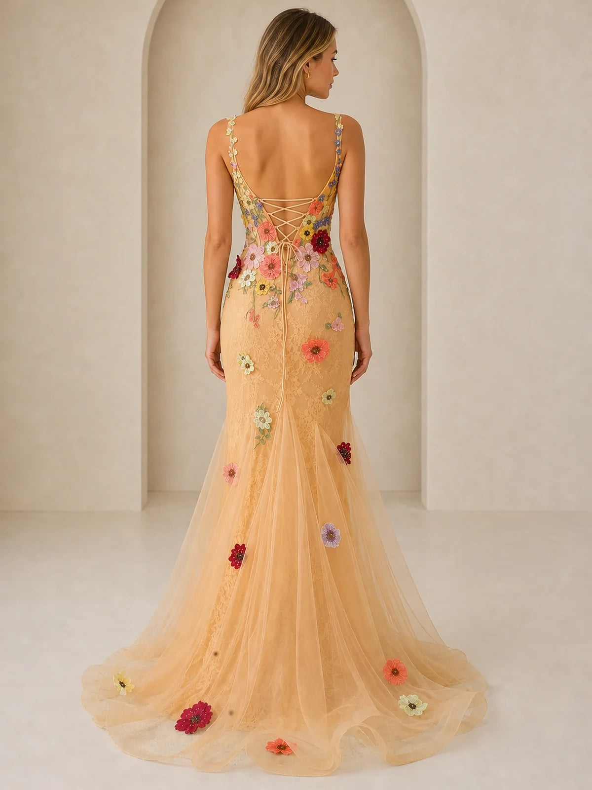 Orange floor-length prom dress, back view showing the rear of the dress
