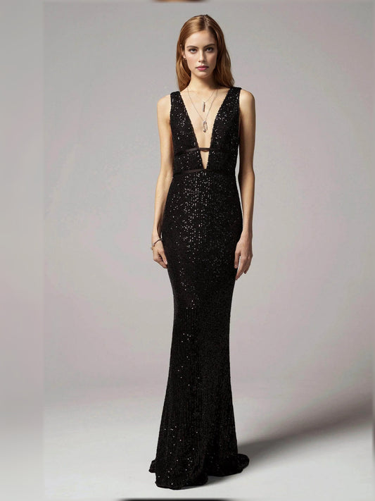 Black sheath floor-length formal dress with sequins, alternate view