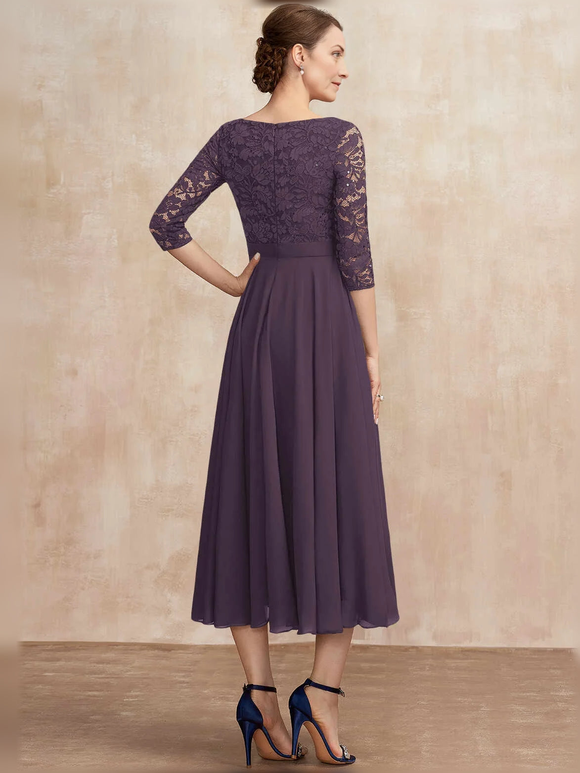 Deep Purple midi mother of the bride dress, alternate view showing the bodice and skirt