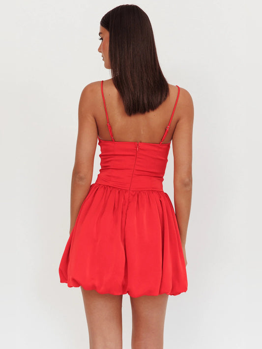 Red mini homecoming dress, alternate view showing the bodice and skirt