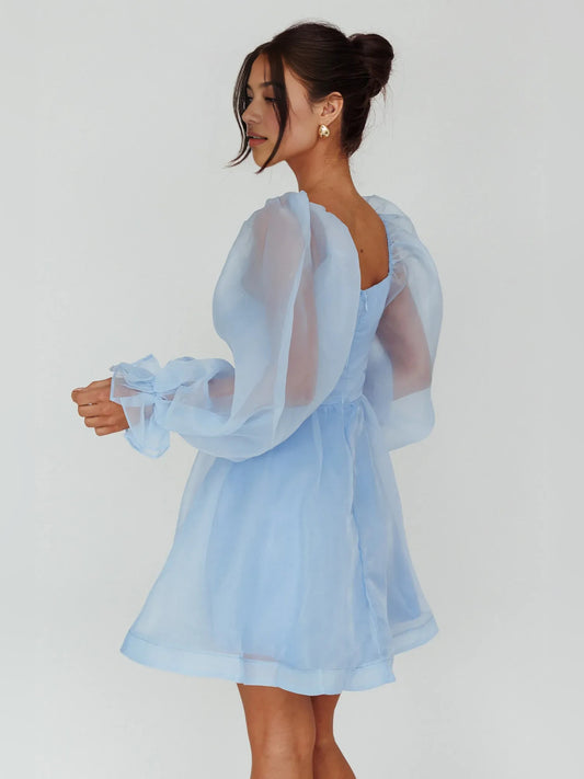 Light Blue mini homecoming dress, back view showing the rear of the dress