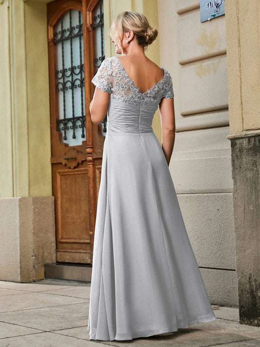 Silver a-line midi formal dress with V-neckline, alternate view