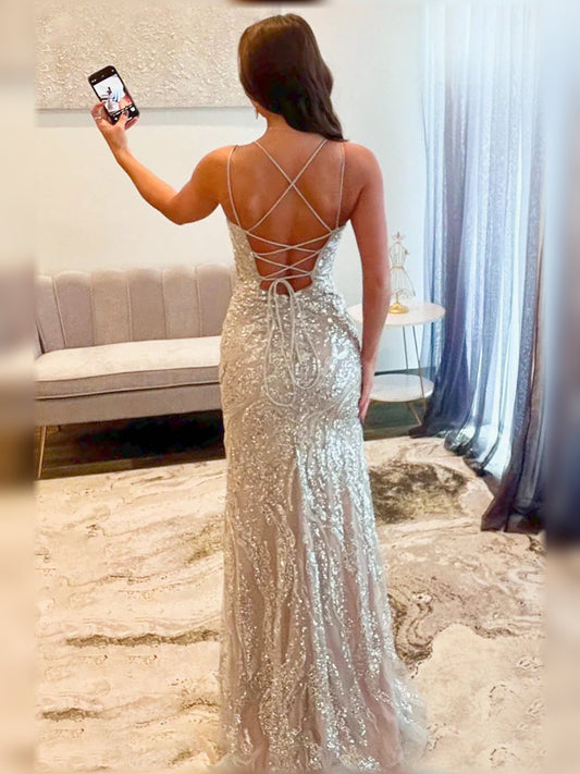 Silver mermaid floor-length formal dress with beading, alternate view