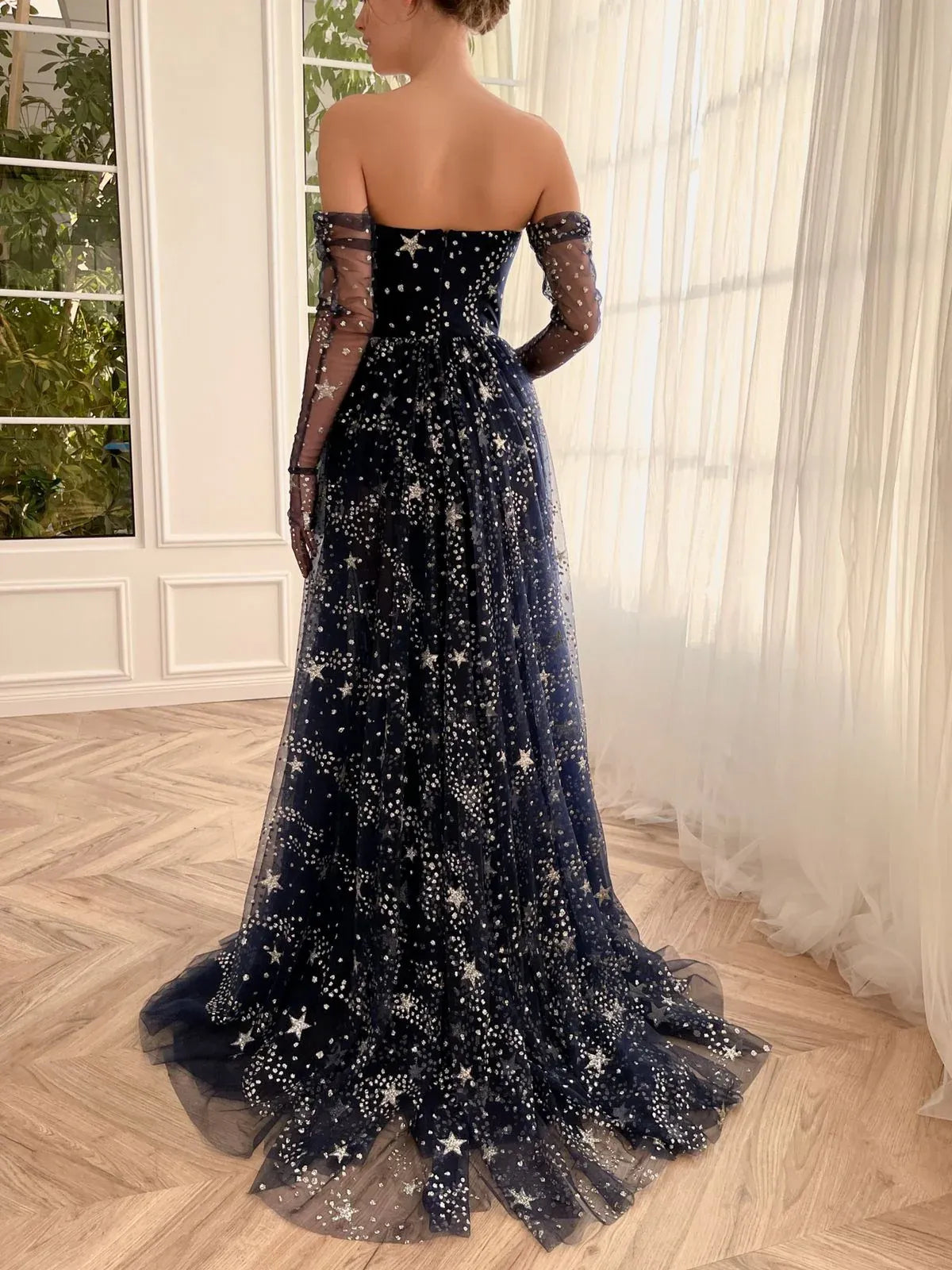 Navy Blue floor-length prom dress, alternate view showing the bodice and skirt