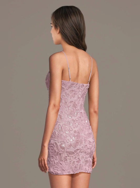 Vintage Mauve mini homecoming dress, back view showing the rear of the dress