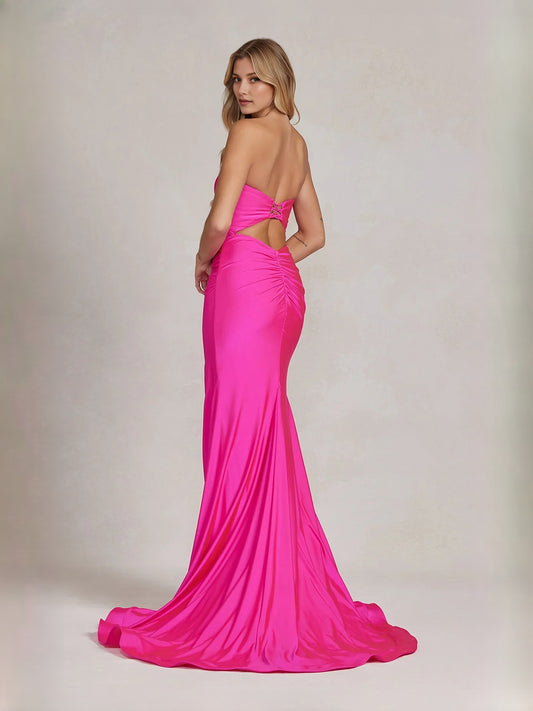 Fuchsia maxi prom dress, alternate view showing the bodice and skirt