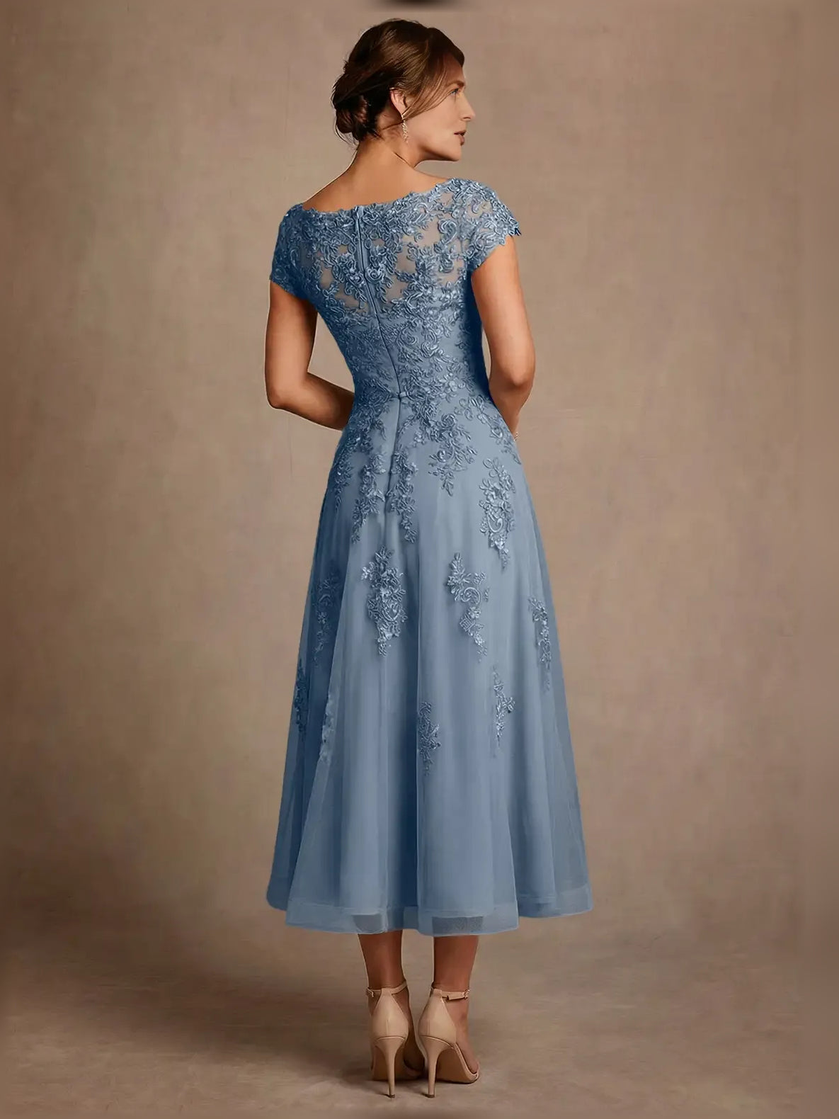 Slate Blue midi mother of the bride dress, alternate view showing the bodice and skirt
