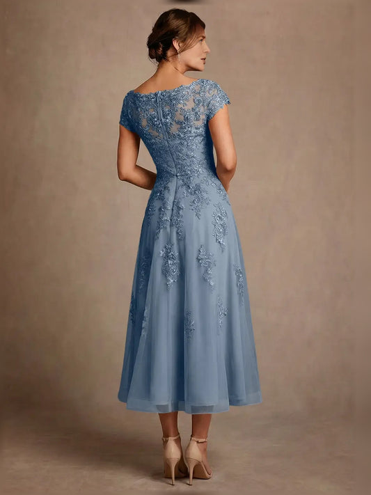Slate Blue midi mother of the bride dress, alternate view showing the bodice and skirt