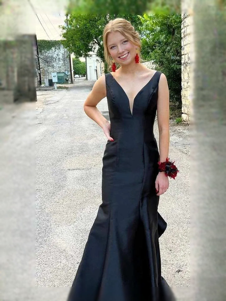 Black maxi prom dress, back view showing the rear of the dress