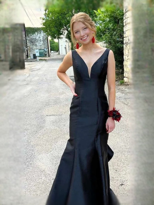 Black maxi prom dress, back view showing the rear of the dress