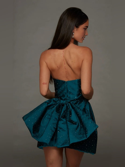 Ink Blue mini homecoming dress, back view showing the rear of the dress