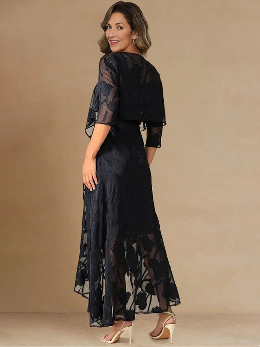 Dark Blue midi mother of the bride dress, alternate view showing the bodice and skirt