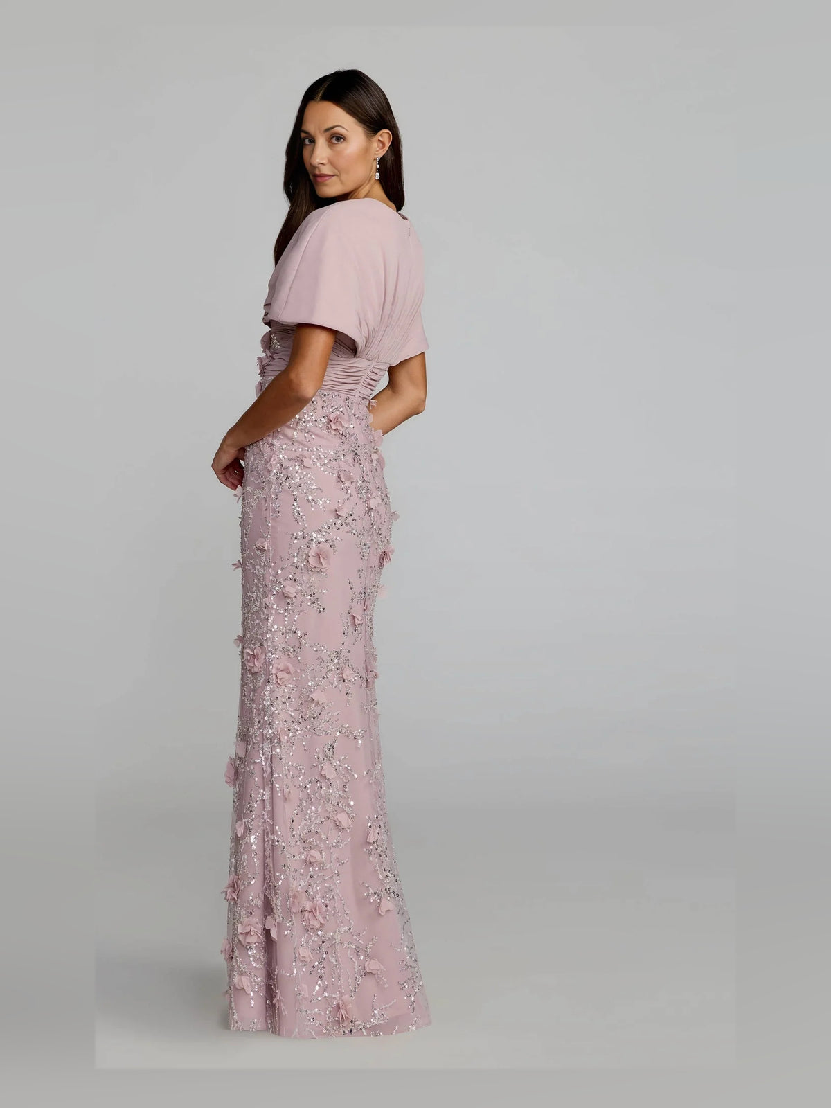 Pink floor-length mother of the bride dress, alternate view showing the bodice and skirt