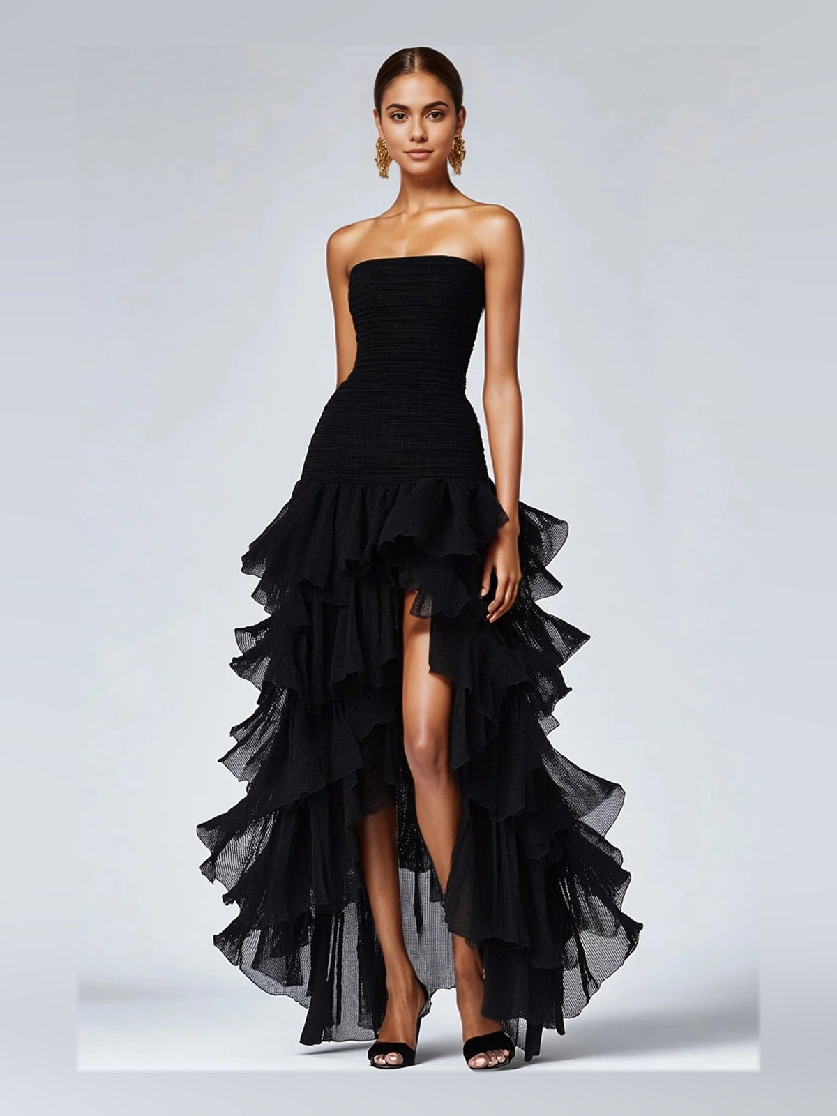 Black high-low prom dress, alternate view showing the bodice and skirt