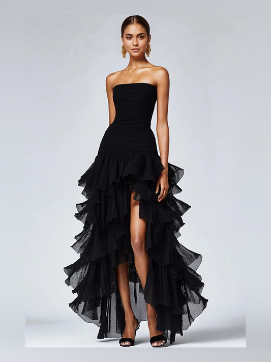 Black high-low prom dress, alternate view showing the bodice and skirt