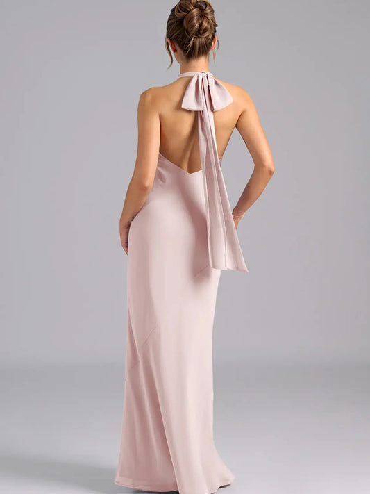 Blush Pink maxi bridesmaid dress, alternate view showing the bodice and skirt
