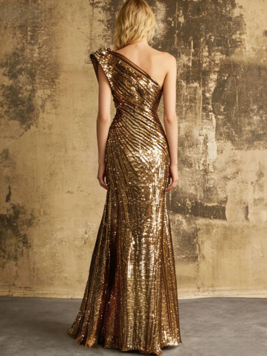 Gold mermaid floor-length formal dress with sequins, alternate view