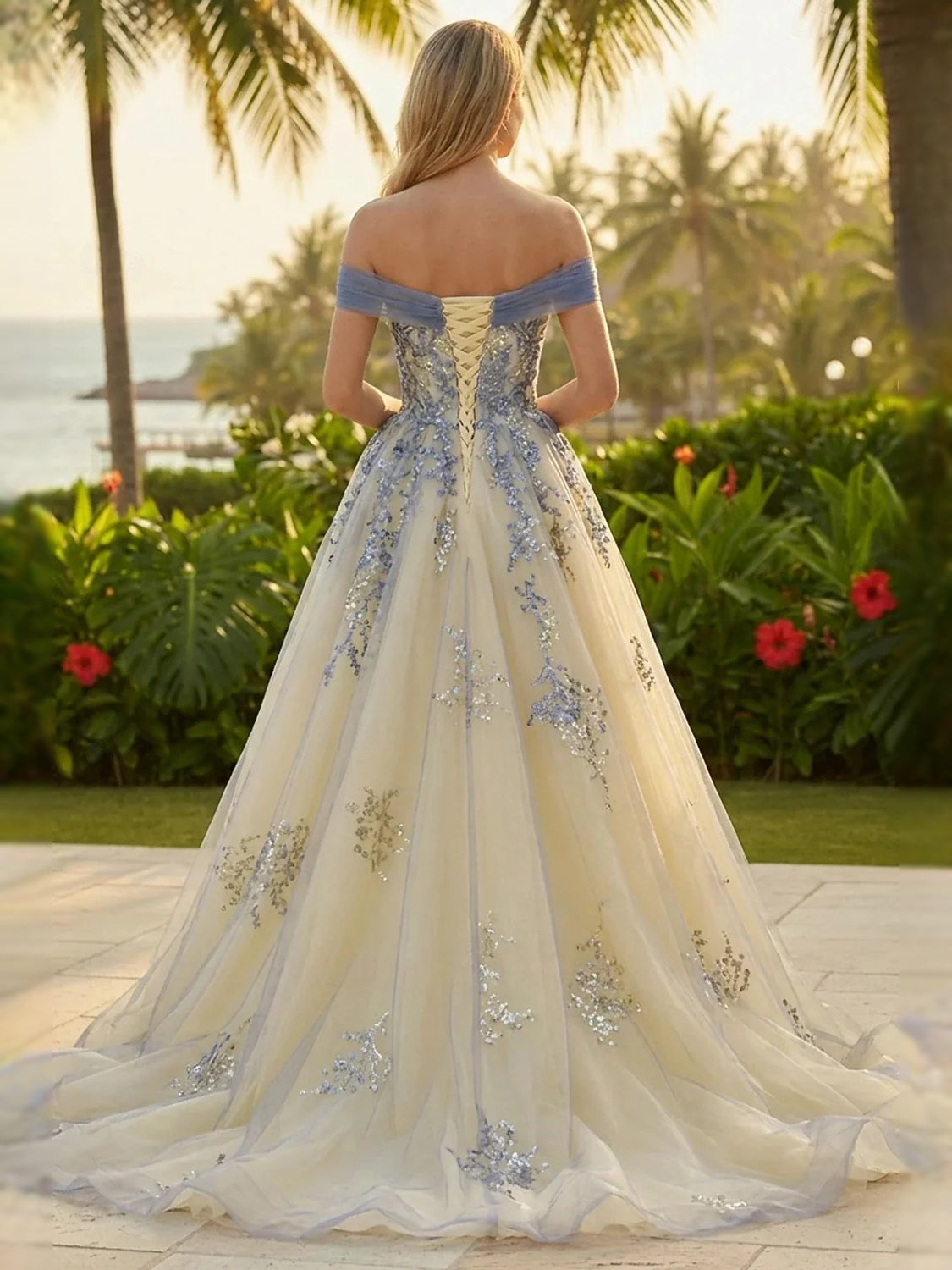 Gold floor-length prom dress, alternate view showing the bodice and skirt