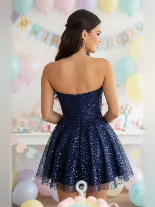 Navy Blue mini homecoming dress, back view showing the rear of the dress
