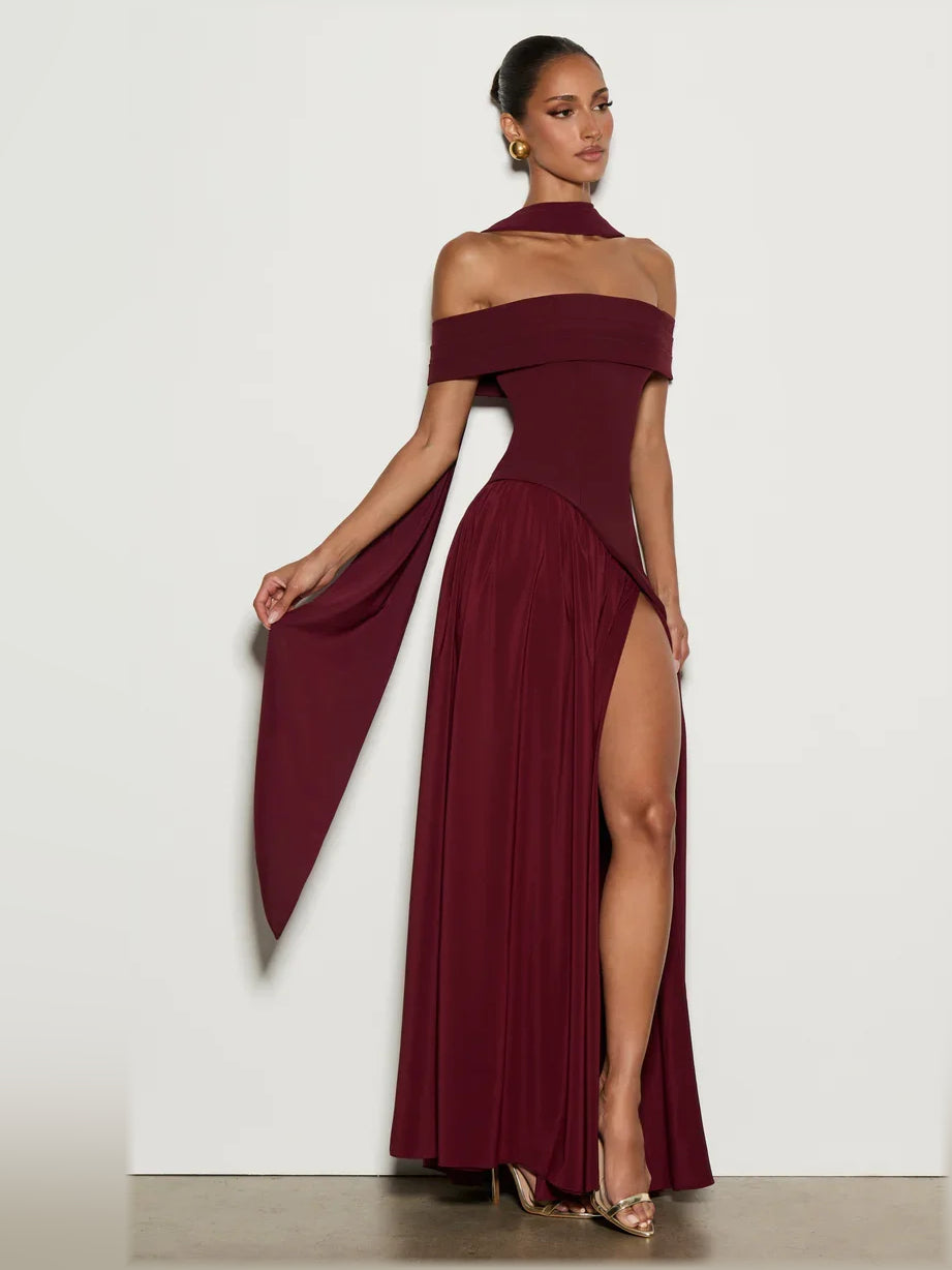 Wine sheath floor-length formal dress with skirt slit, alternate view