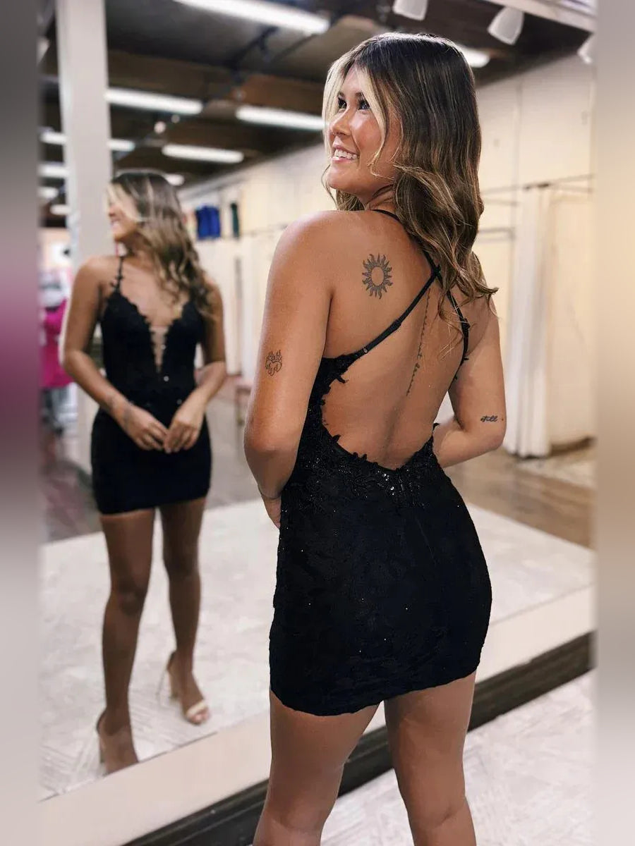 Black mini homecoming dress, back view showing the rear of the dress