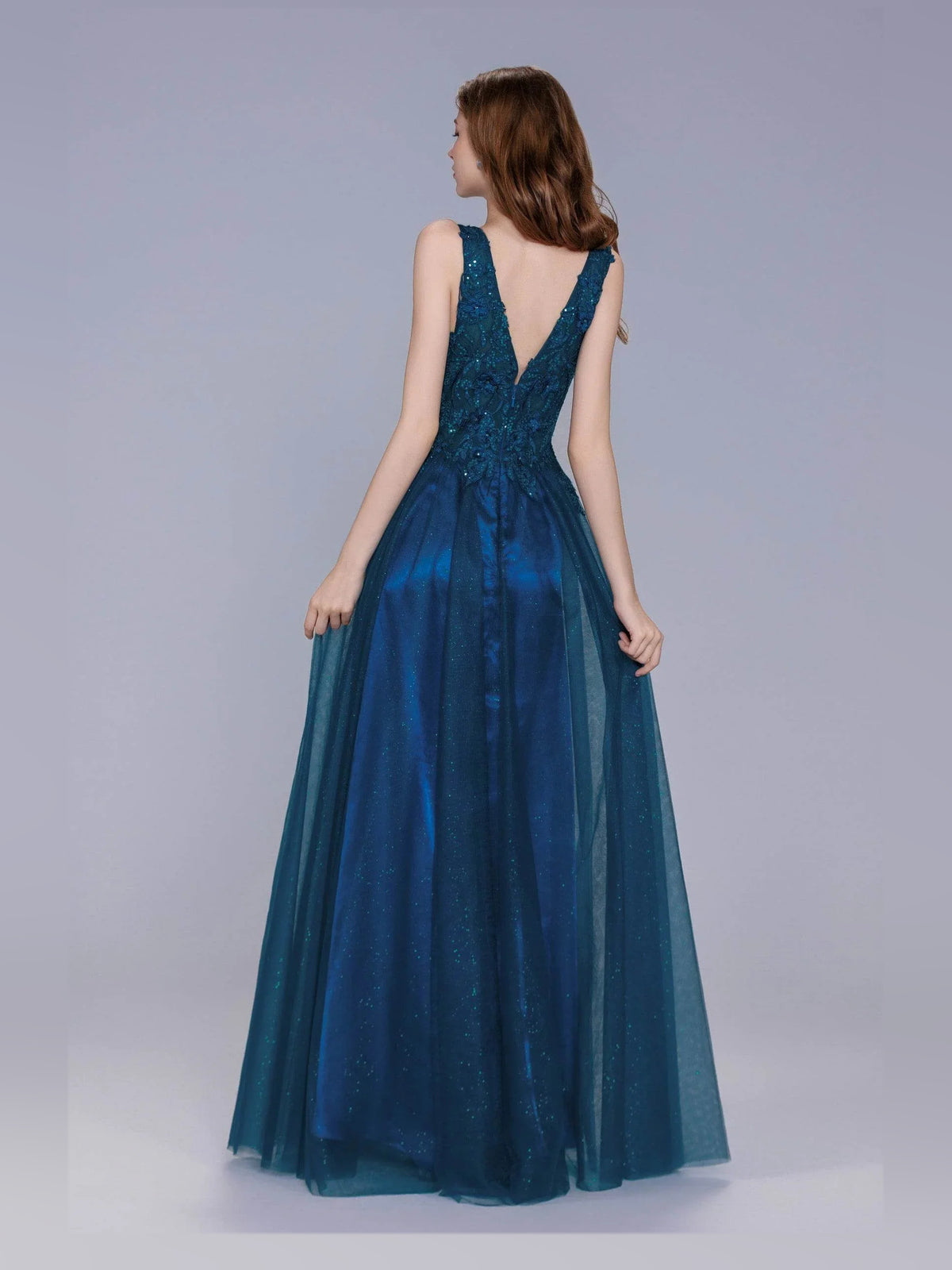 Ink Blue maxi prom dress, back view showing the rear of the dress