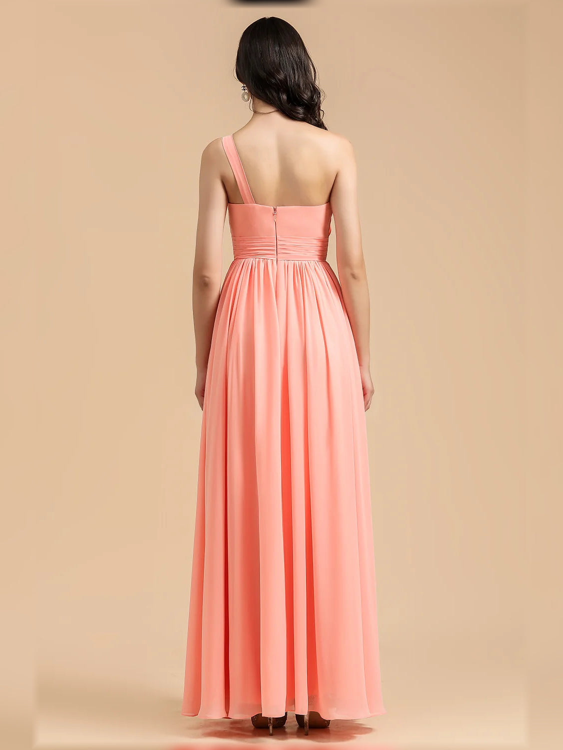 Coral floor-length bridesmaid dress, alternate view showing the bodice and skirt