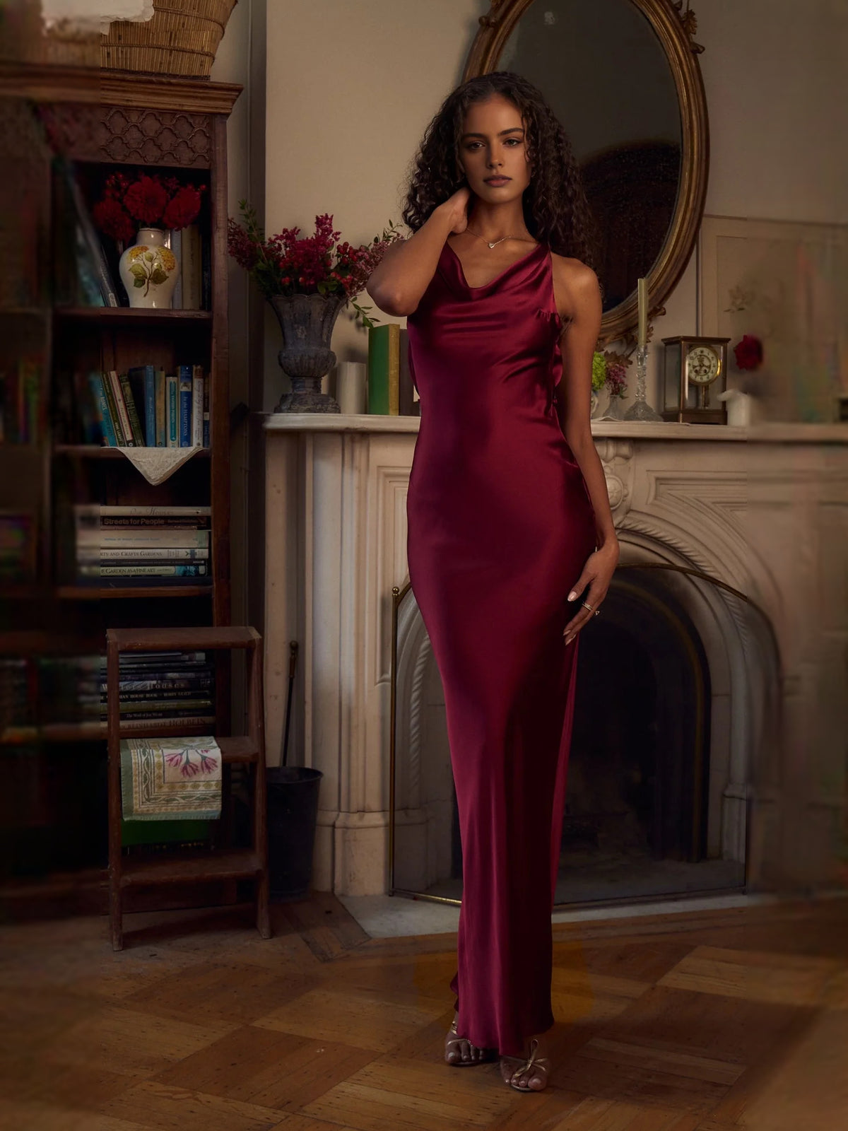 Red floor-length prom dress, alternate view showing the bodice and skirt