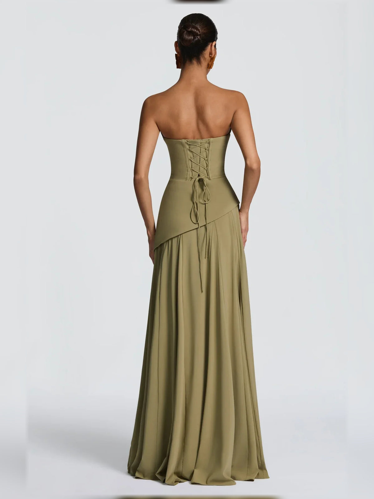 Dusty Sage a-line floor-length formal dress with corset-style bodice, alternate view
