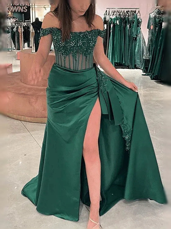 Emerald Green maxi prom dress, back view showing the rear of the dress