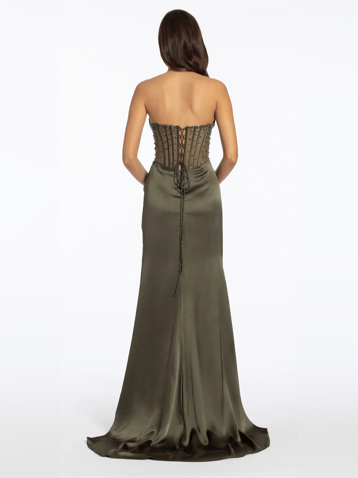 Olive Green mermaid floor-length formal dress with skirt slit, alternate view