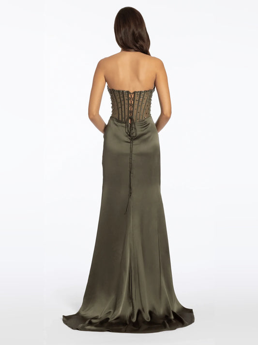 Olive Green mermaid floor-length formal dress with skirt slit, alternate view