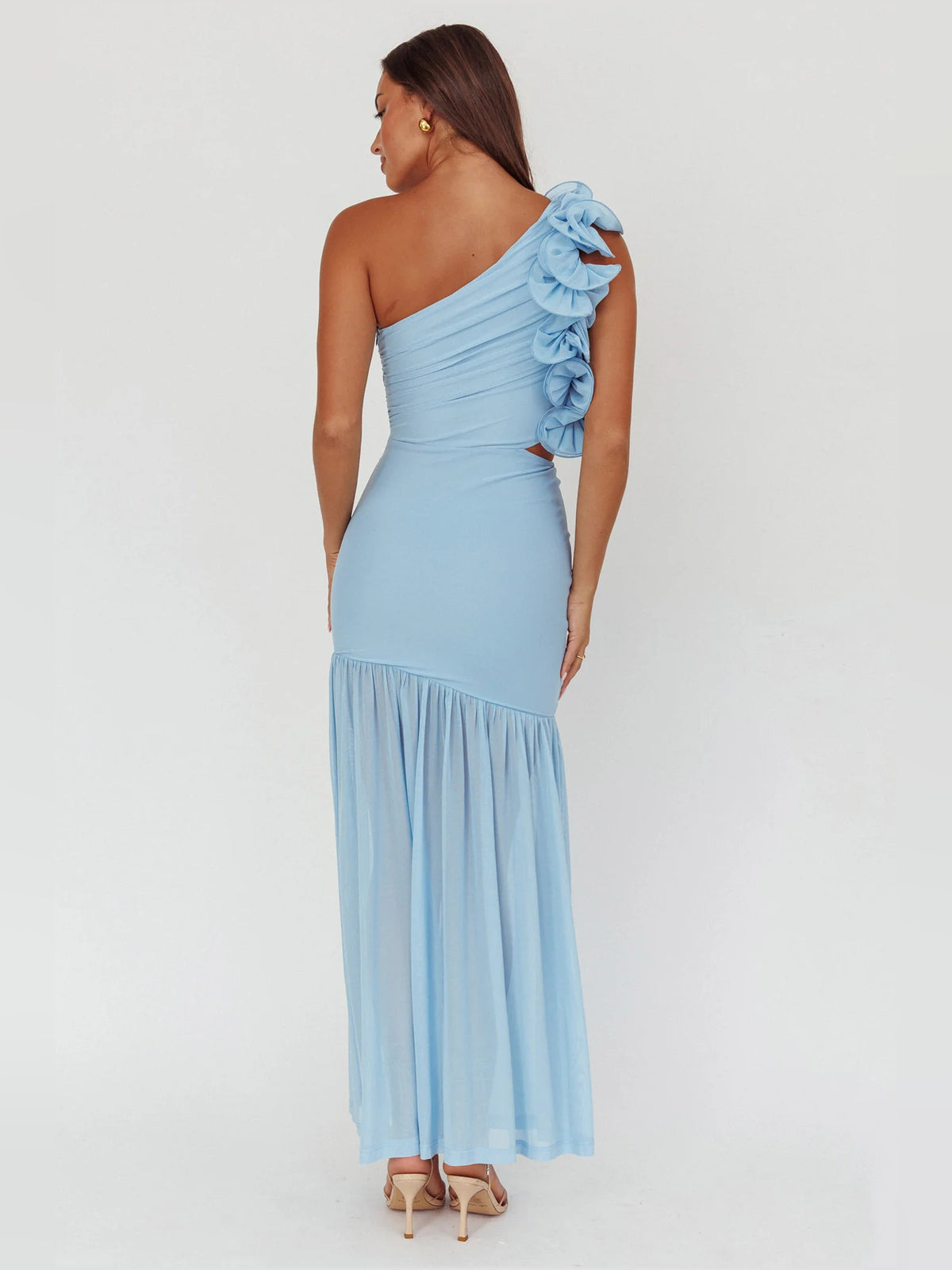 Blue sheath maxi formal dress with ruffle details, full-length back view