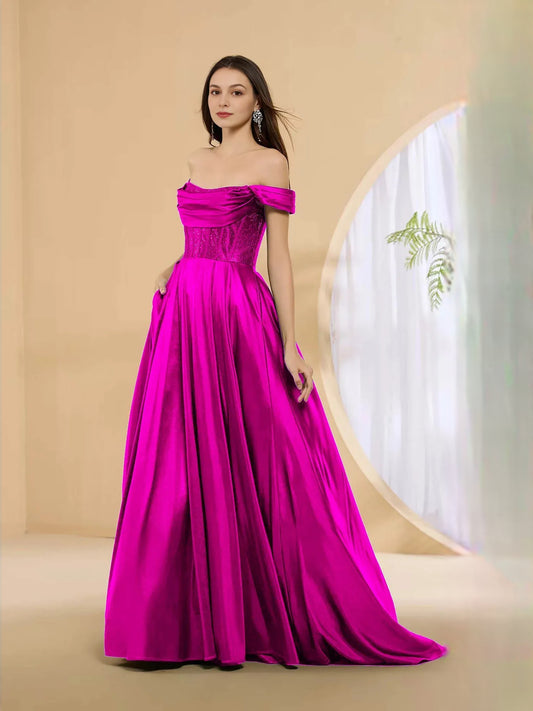 Fuchsia a-line floor-length formal dress with corset-style bodice, alternate view