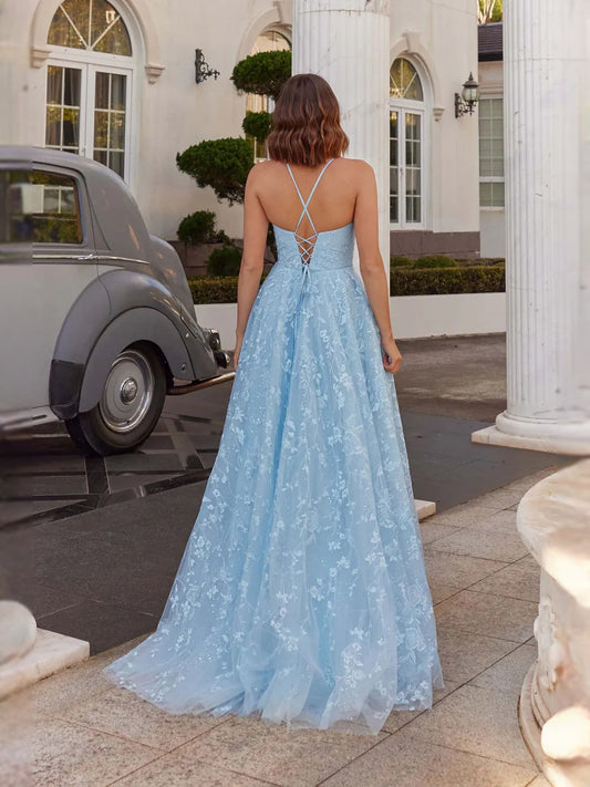 Sky Blue floor-length prom dress, alternate view showing the bodice and skirt