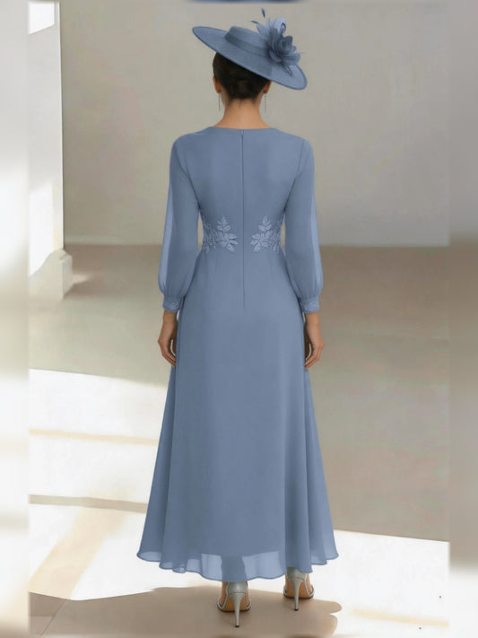 Dusty Blue floor-length mother of the bride dress, alternate view showing the bodice and skirt