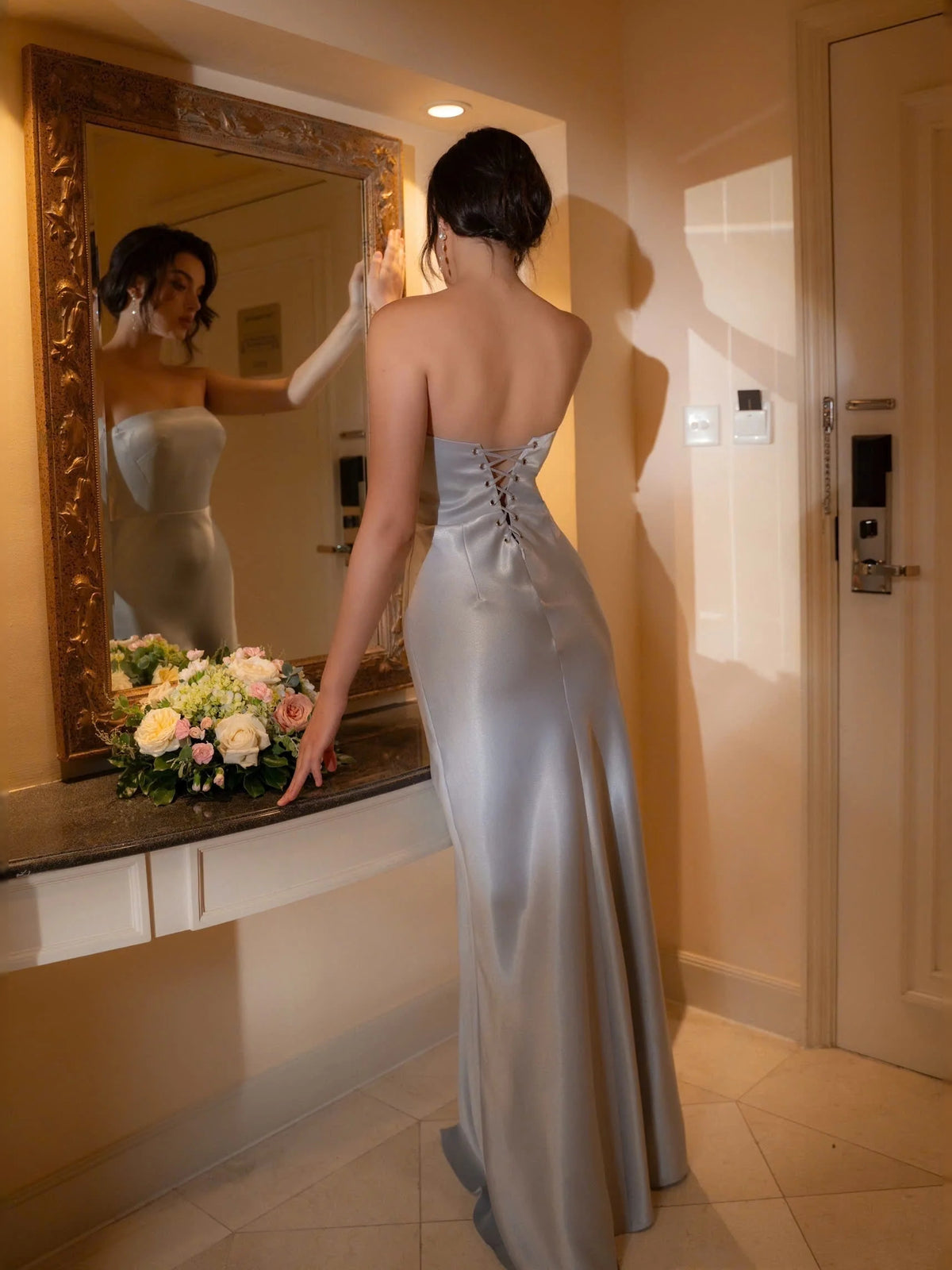 Blush Pink maxi prom dress, back view showing the rear of the dress