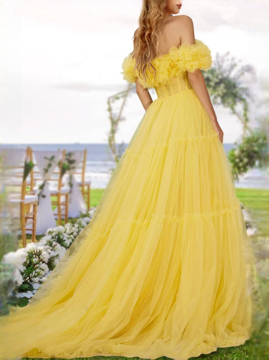 Yellow floor-length prom dress, alternate view showing the bodice and skirt