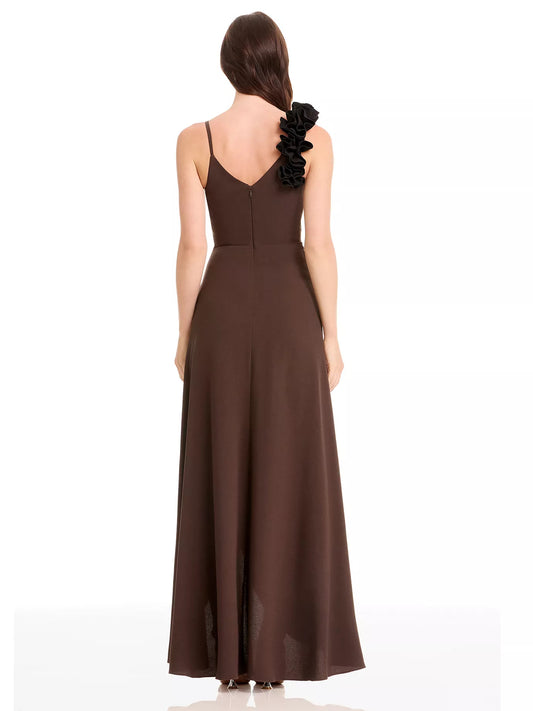 Chocolate a-line floor-length formal dress with ruffle details, alternate view