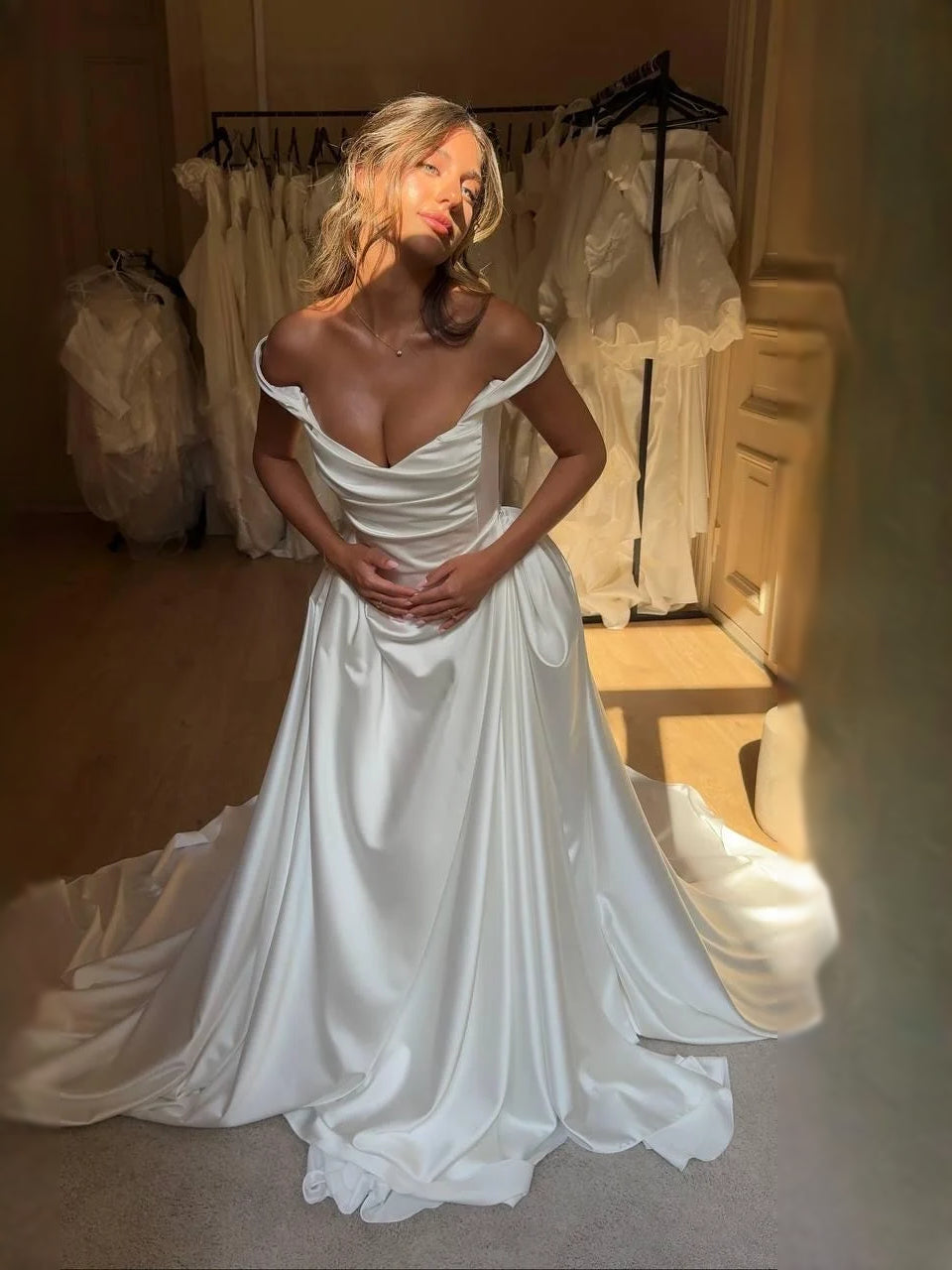 Ivory floor-length wedding dress, alternate view showing the bodice and skirt