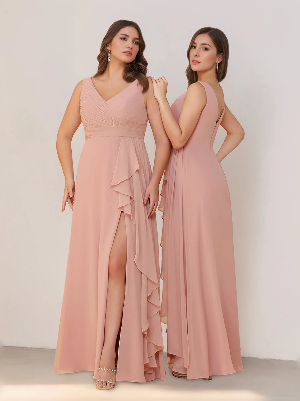 Pink maxi bridesmaid dress, alternate view showing the bodice and skirt