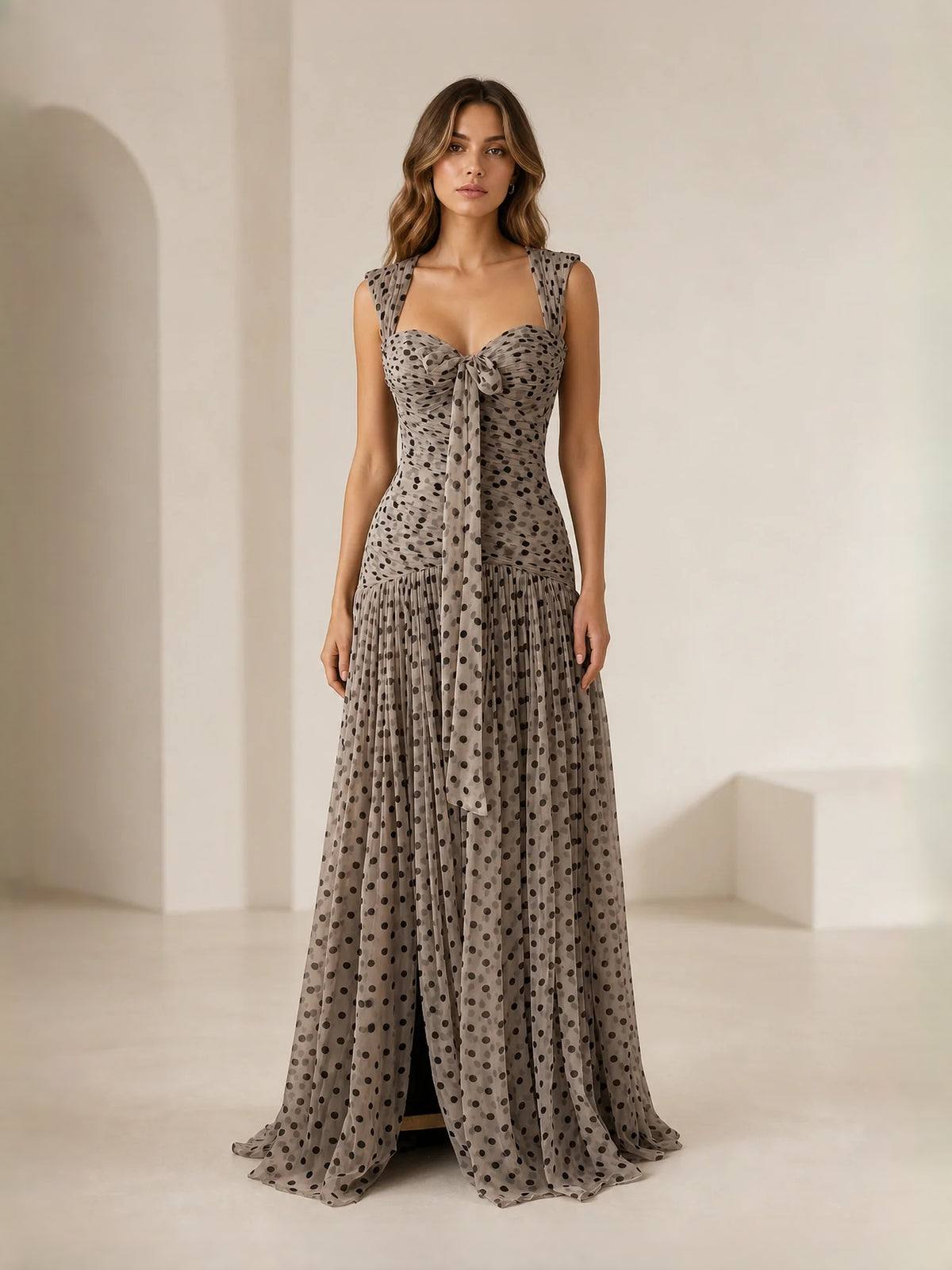 Taupe maxi prom dress, alternate view showing the bodice and skirt