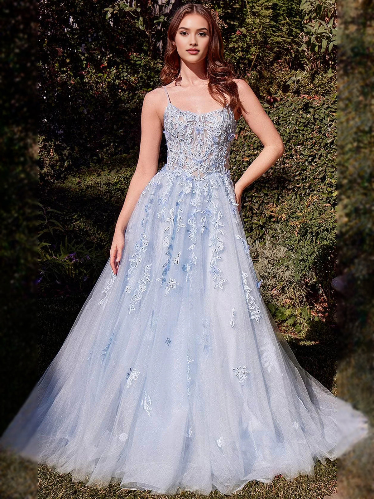 Light Blue floor-length prom dress, back view showing the rear of the dress